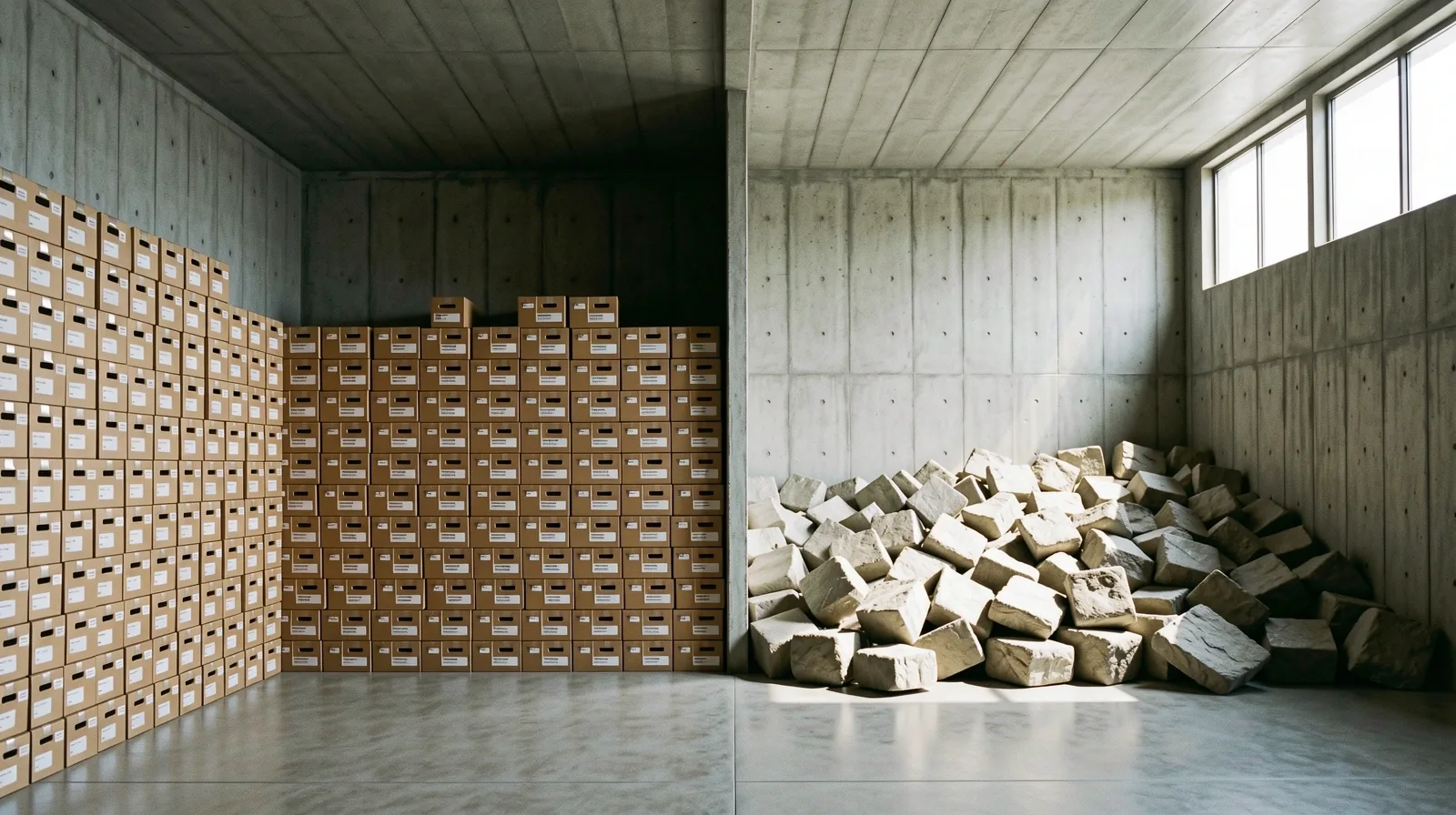 Brutalist architectural foundation representing machine learning structures